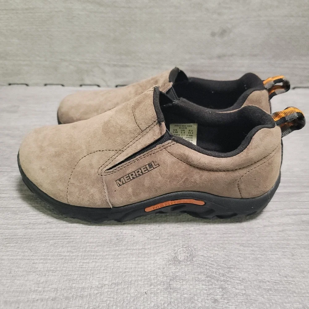 Merrell Jungle Moc Kids Shoes Size 3.5M Taupe Suede Leather Slip On Hiking